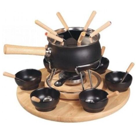 Appareil à fondue émaillé noir mat – Set de 25 pièces avec couvercle inox et réchaud chromé – 6 fourchettes et bols inclus – EVA