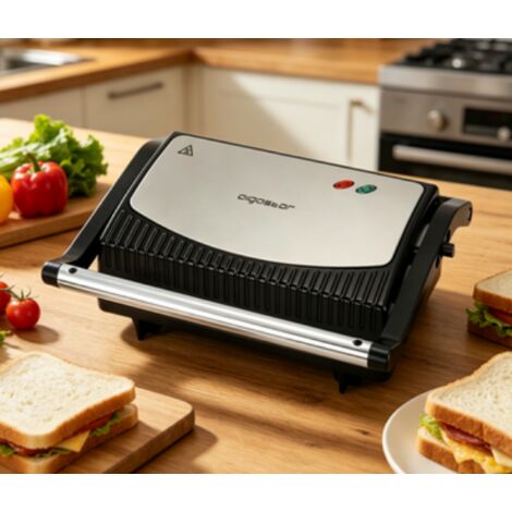 Appareil à panini Aigostar, grill électrique multifonction à double chauffe, revêtement antiadhésif, compact et pratique, machine pour petit déjeuner maison
