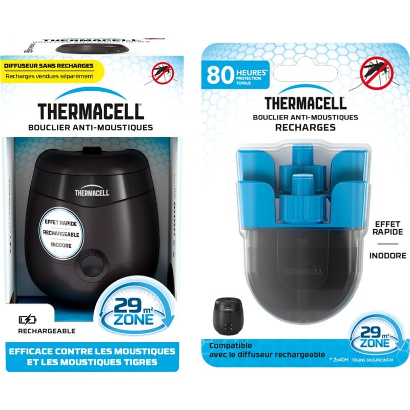 Thermacell - Appareil Anti Moustiques & Moustiques Tigres + Recharge 80h- Bouclier 29m² -Rechargeable - Inodore THE55NOIR80