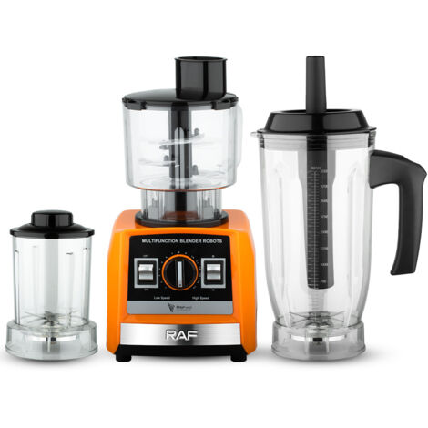 Appareil multifonctionnel trois-en-un : extracteur de jus, robot culinaire, hachoir à viande, broyeur.