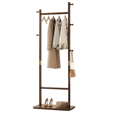 Appendiabiti Attaccapanni da Terra con 5 ganci: Stand Appendiabiti Camera da Letto in legno massiccio, Appendiabiti con Ripiani Appendiabiti da Terra Salvaspazio Ingresso Servo Muto - Brown