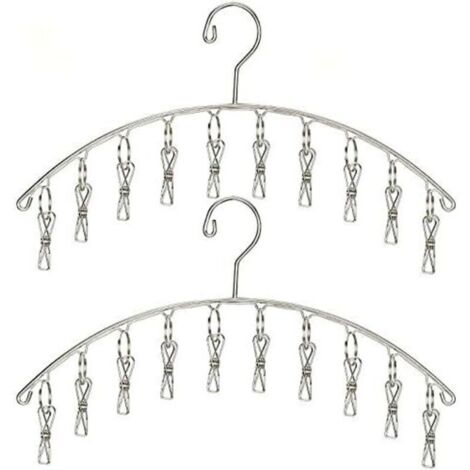 Appendiabiti con 10 clip, acciaio inossidabile, antivento, per asciugare calzini, reggiseni, biancheria intima, vestiti per neonati, cappelli, sciarpe, asciugamani, pantaloni e guanti, set da 2