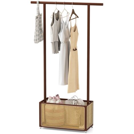 Appendiabiti con cesto di stoccaggio in rattan e ruote per spazi piccoli, Porta abiti in bambù camera da letto Marrone
