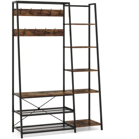 Appendiabiti con ripiani 9 ganci 5 ripiani laterali e 2 ripiani in rete, Scaffale d'ingresso 5-in-1 in metallo Marrone