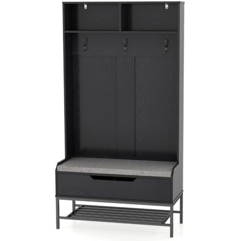 Appendiabiti da ingresso con cuscino per seduta e scomparti aperti, Appendiabiti 4-in-1 con stoccaggio per scarpe Nero