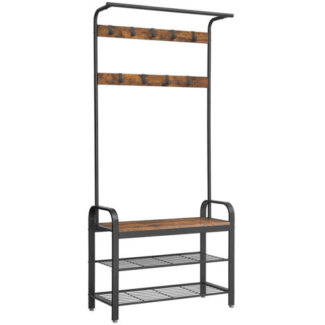 Appendiabiti da ingresso con ganci estraibili panca e scarpiera lungo 84 cm struttura in metallo in stile industriale marrone rustico e nero 120007141