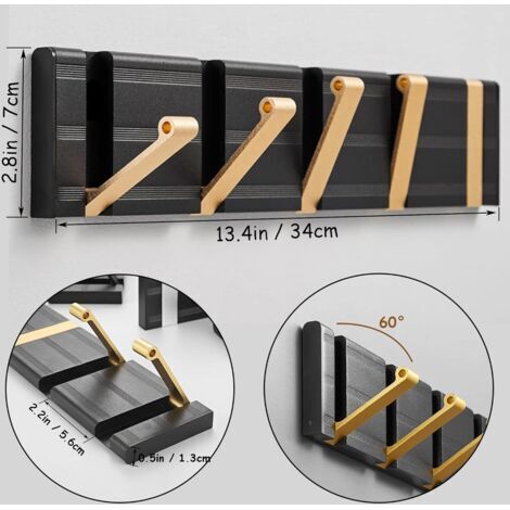 Appendiabiti da parete con 5 ganci pieghevoli, moderno, nero e oro, salvaspazio, realizzato in alluminio, resistente e adatto per asciugamani, vestiti e cappelli.