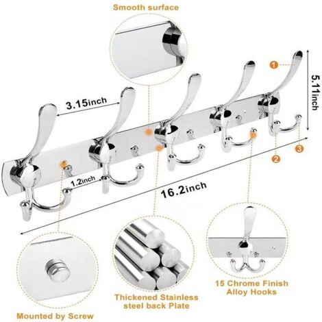 appendiabiti da parete in acciaio inox, ganci per cappotti, asciugamani e accappatoi (argento, 15 ganci)