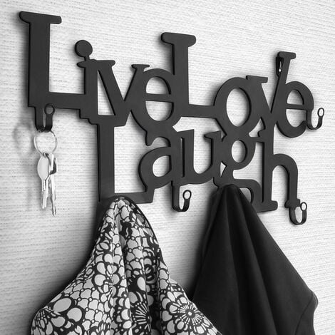 FLIVASTORE Appendiabiti da Parete Nero - 6 Ganci, Ferro Battuto, con Parole Live, Love, Laugh - Attaccapanni Decorativo da Muro, Design, da Ingresso per Giacche, Cappoti, Cappelli