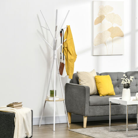 Appendiabiti da Terra di Design, Appendiabiti Verticale Moderno, Attaccapanni da Terra, per Ingresso, Elegante, 3 Aste, 9 Ganci, 45x45x180cm, Bianco