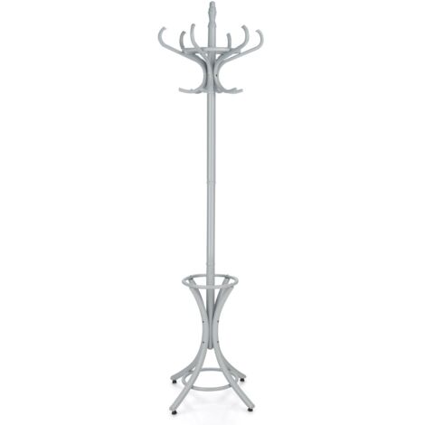Appendiabiti da terra in legno con portaombrelli e 12 ganci Attaccapanni base a 4 piedi 184cm Grigio