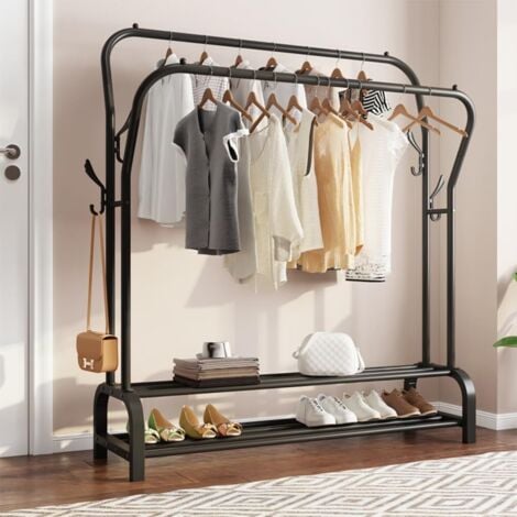 KEEPBUYING Appendiabiti doppio con ripiano per scarpe e 4 ganci per guardaroba, 110 x 35 x 146 cm - Nero