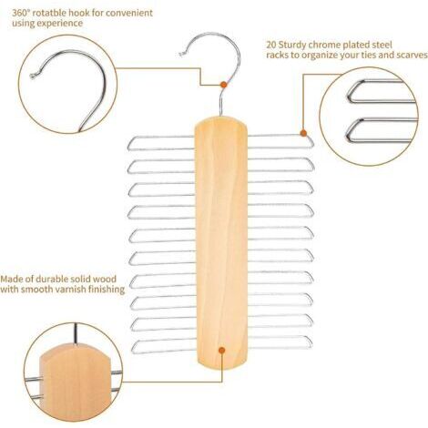 Appendiabiti in legno per cravatte, set da 2 pezzi con 20 ripiani per cinture, sciarpe e cravatte.