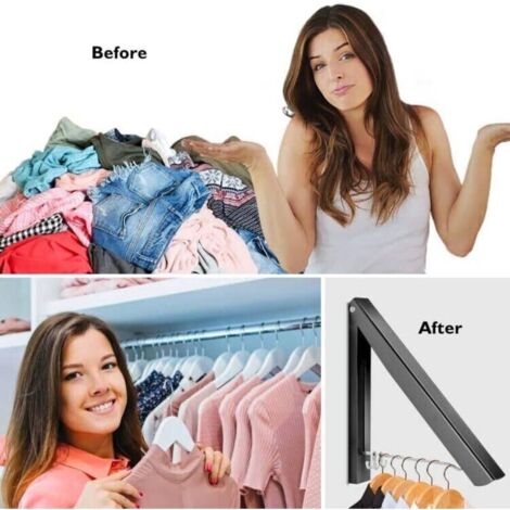 Appendiabiti pieghevole da parete (nero), asta organizer retrattile per abiti, salvaspazio per lavanderia, soggiorno, camera da letto, bagno, balcone