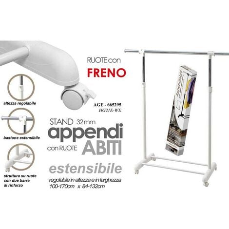 Stender Doppio Porta Abiti Appendiabiti Estensibile 31x37x111 cm in Acciaio  con Ruote Girevoli