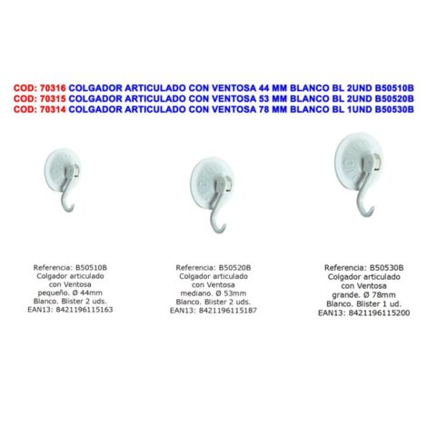 Appendino articolato con ventosa 44 mm bianco 2 unità BRINOX