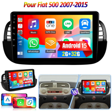 Apple CarPlay pour Fiat 500 (2007-2015) - Autoradio 9" 32/64 Go Android 15 avec GPS et Wi-Fi - 2+32G