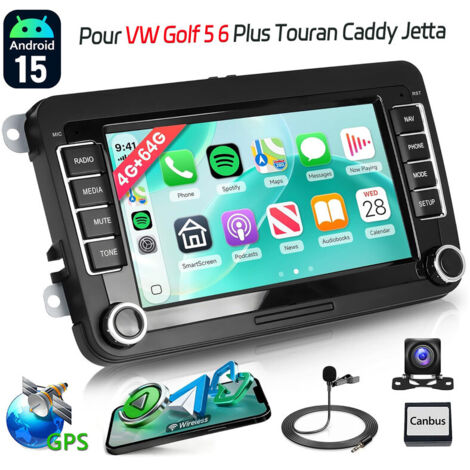 Apple CarPlay pour VW Golf 5/6 Plus, Touran, Caddy T5, Android 15, autoradio avec navigation GPS - 4+64G CAM MIC