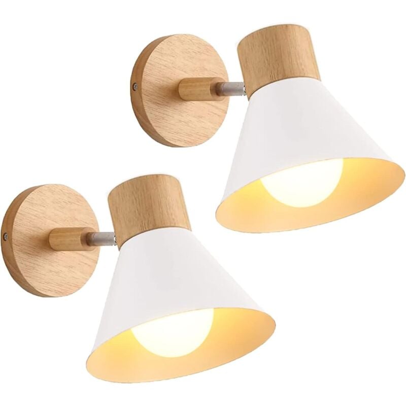 Appliques Murales Vintages Industrielles Lampe Murale en Métal et Bois Suspension Luminaire Réglable Blanc Ø17,5CM - 2Pcs