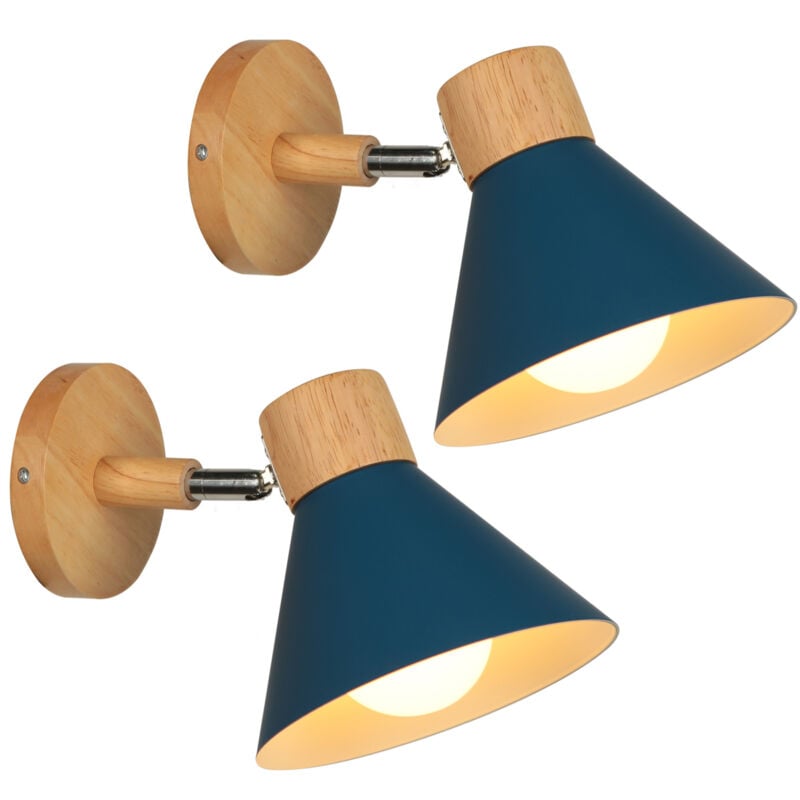 Appliques Murales Vintages Industrielles Lampe Murale en Métal et Bois Suspension Luminaire Réglable Bleu Ø17,5CM - 2Pcs