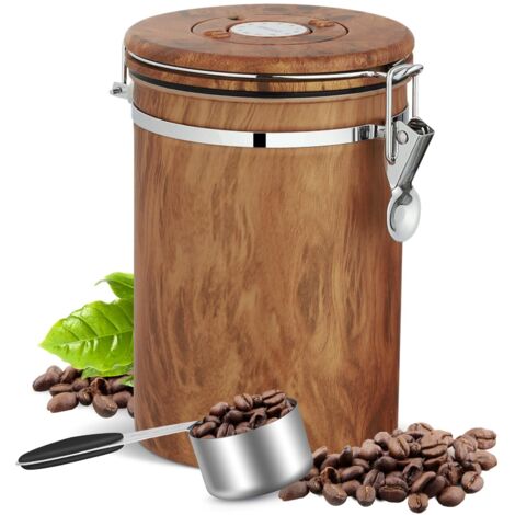 Applicable Boîte à café hermétique - 1,8 l - En acier inoxydable - Avec cuillère doseuse - Grain de bois - Avec suivi de la date - Multifonction - Pour thé, noix, cacao