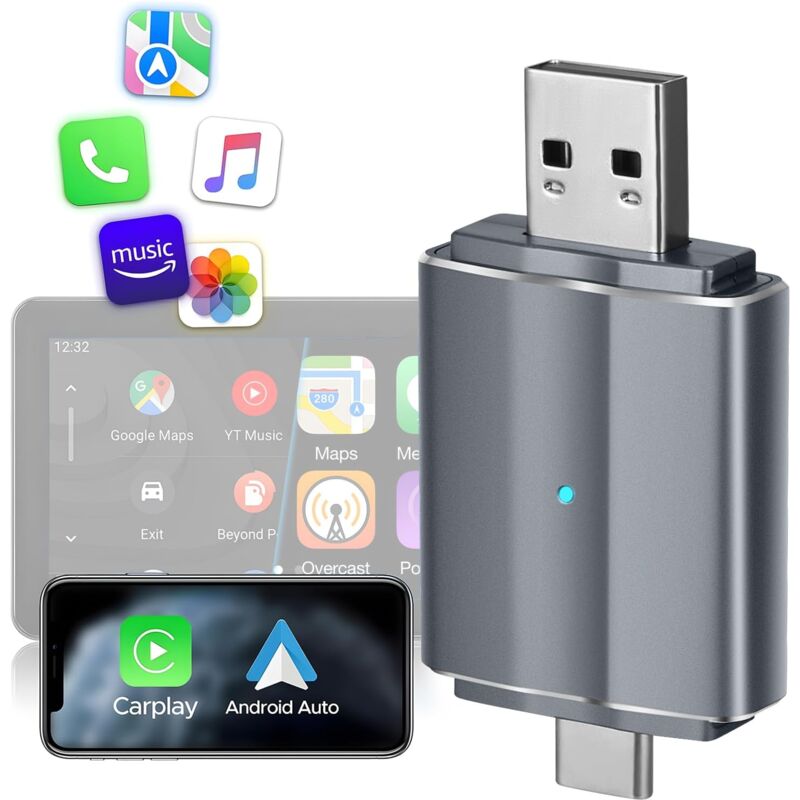 Applicable Carplay sans Fil pour Android Auto Et A-Pple, 2 en 1 Carplay Auto sans Fil, Type-C/USB, Adaptateur Carplay sans Fil Compatible avec Iphone