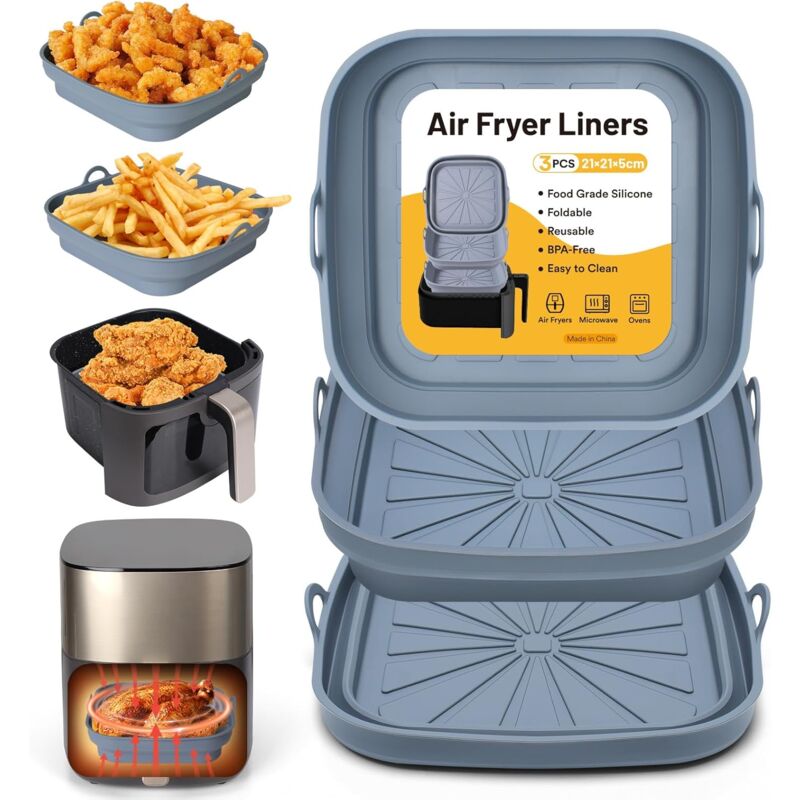 Applicable Moule Silicone Air Fryer, 3 Pièces Moule Panier pour Friteuse à Air Chaud Réutilisable Airfryer Plat Carré Pliable Doublure Liners pour
