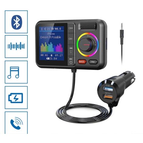 Applicable Transmetteur FM Bluetooth pour Voiture, BT5.0 avec Grand écran Couleur, Prise en Charge des Appels Mains Libres, Siri&, Lecteur de Musique MP3 Bass&TRE Booster