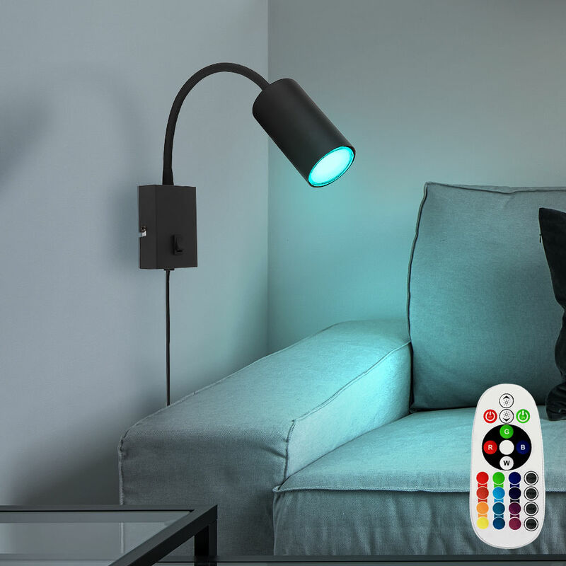 Image of Applique a LED, dimmerabile con telecomando, lampada da camera con spina, lampada da lettura, cambio colore RGB, flessibile, interruttore, metallo