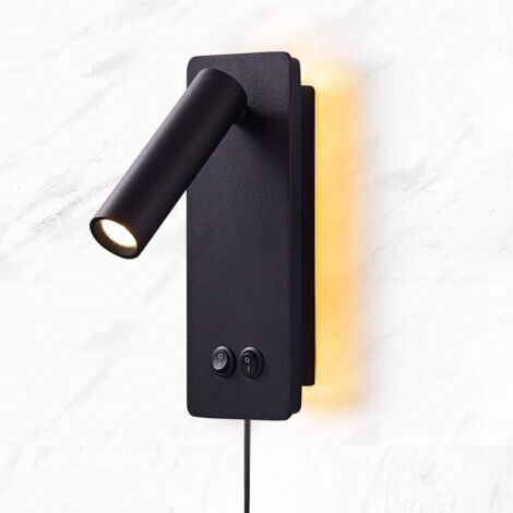 Applique a LED, lampada da comodino con interruttore, luce ambientale per camera da letto (LED3+10W) nera, luce calda