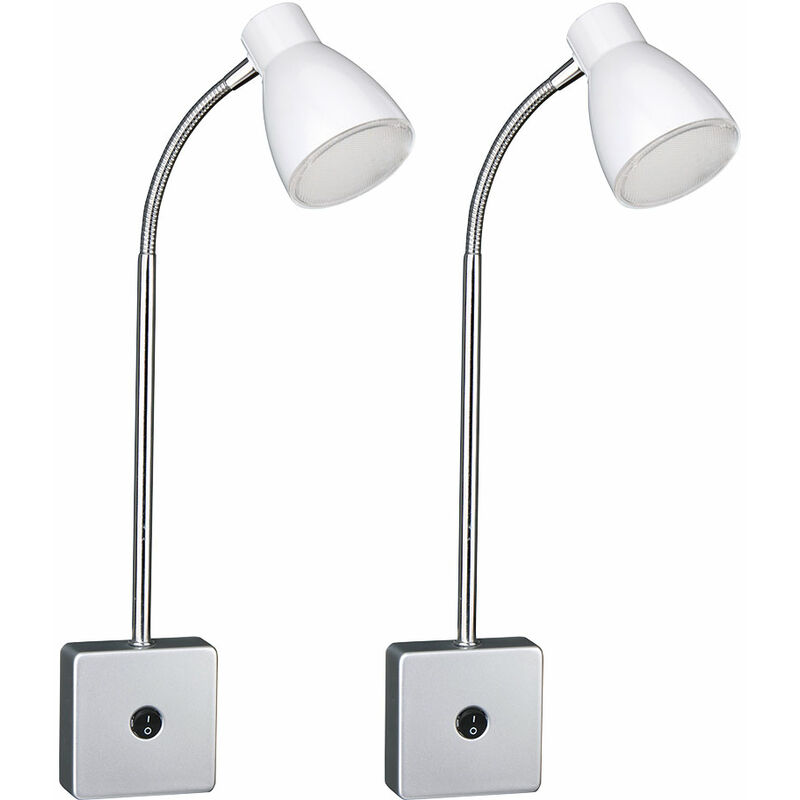 Image of Applique a led lampada da parete camera da letto faretti flexo, metallo bianco argento, 1x led 3W 200Lm 3000K, DxH 15,5x37 cm, set di 2