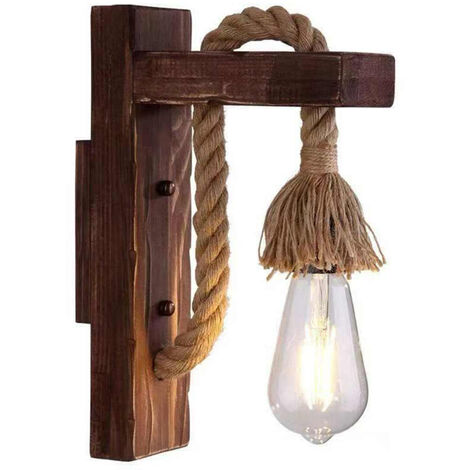 Applique a parete vintage in legno corda in canapa lampada da muro retrò country portalampada E27