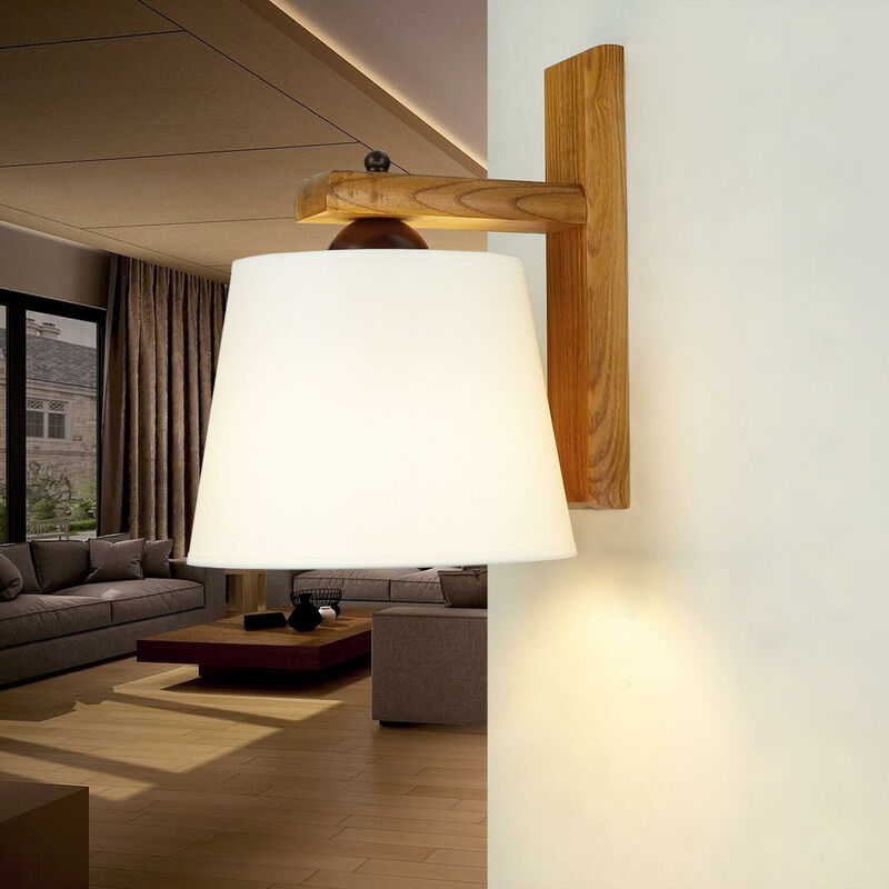 Licht-erlebnisse - Applique d'intérieur Beverely en bois et en tissu blanc au design scandinave E27 - Chêne rustique, Ecru Licht-erlebnisse - Applique d'intérieur Beverely en bois et en tissu blanc au design scandinave E27 - Chêne rustique, Ecru