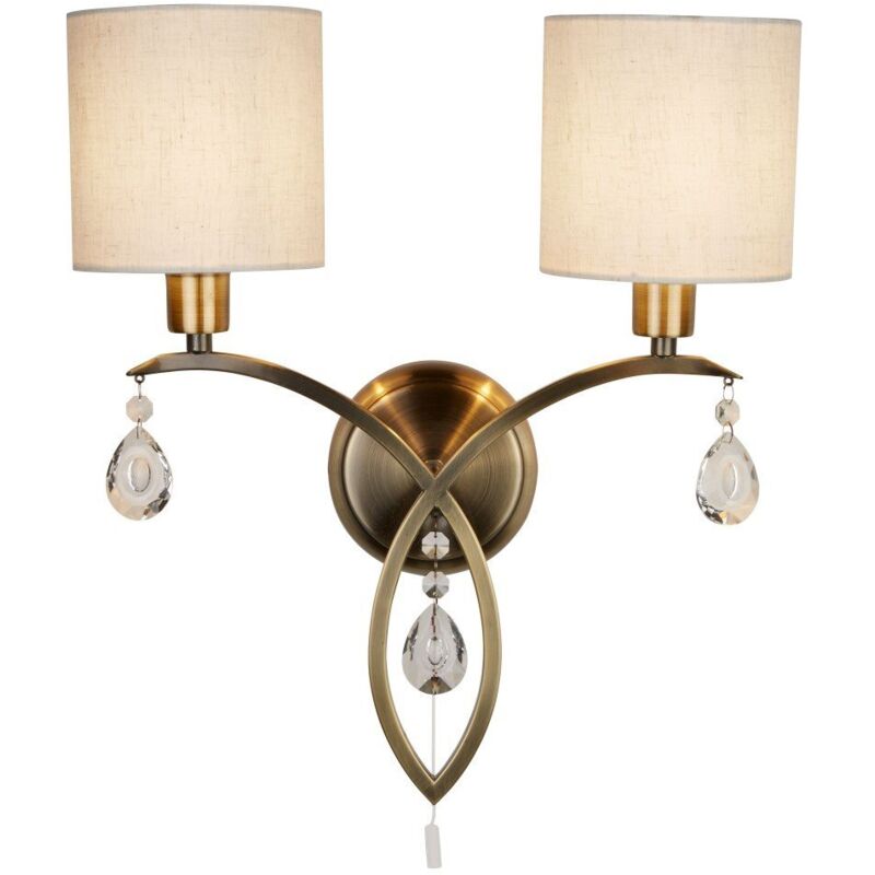Searchlight - Applique alberto 2L double branches métal Laiton antique,abatjour lin, goutte en cristal E14 2x60w avec inter