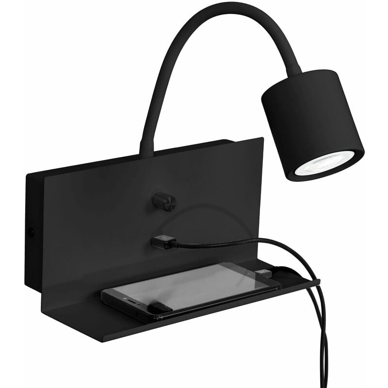 Applique murale avec rangement Chargeur usb Noir Métal Applique pour lire
