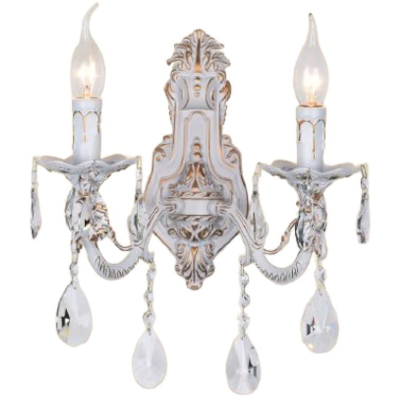 Image of Vetrineinrete - Applique candelabro doppio con pendenti a gocce di cristallo in acrilico stile retrò attacco E14 bianco oro