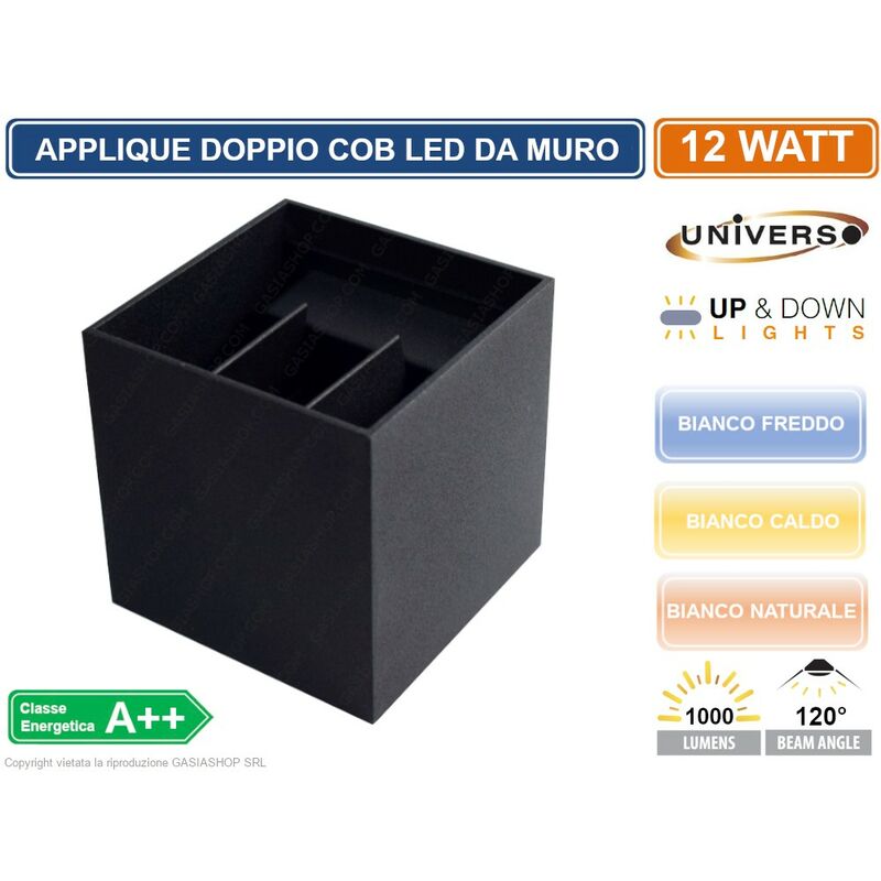 Image of APPLIQUE LAMPADA A MURO NERA DOPPIO LED COB 12W FASCIO REGOLABILE DA ESTERNO - Colore Luce: Bianco Naturale