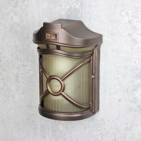 Applique da esterno in stile rustico in vetro scanalato dal design a forma di lanterna color marrone antico ideale per balcone