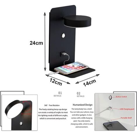 Applique da parete a LED con porta di ricarica USB, lampada da parete touch, applique da parete, lampada da lettura da parete girevole a 350°