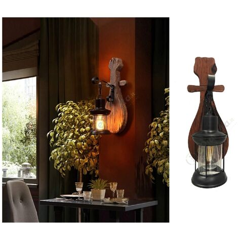 Applique da parete attacco E27 lanterna vintage in legno metallo lampada country