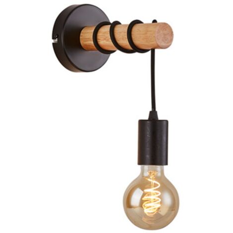 Applique da parete, design industriale vintage, legno e metallo, illuminazione per soggiorno e camera da letto, attacco E27, per lampadina LED da 10W max, nera