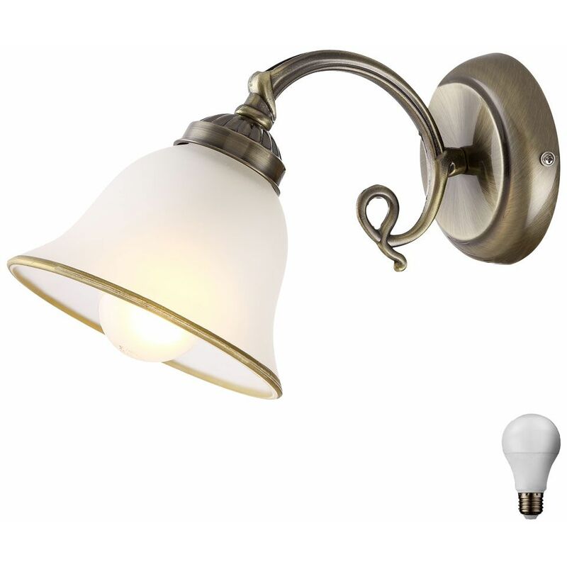Image of Lampada da parete in stile country illuminazione in ottone antico lampada in vetro satinato in un set comprensivo di lampadine a LED
