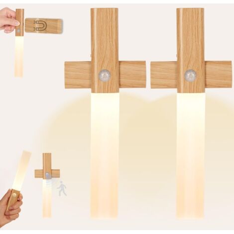 Applique da parete in legno 2 pezzi con sensore di movimento, luce notturna da parete ricaricabile per interni, lampada da parete wireless, lampada da parete magnetica da comodino per scale, rotonda