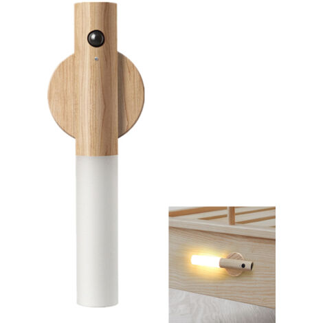Applique da parete in legno con sensore di movimento, ricaricabile tramite USB, bianco caldo, wireless, con interruttore, per camera da letto, corridoio, scale
