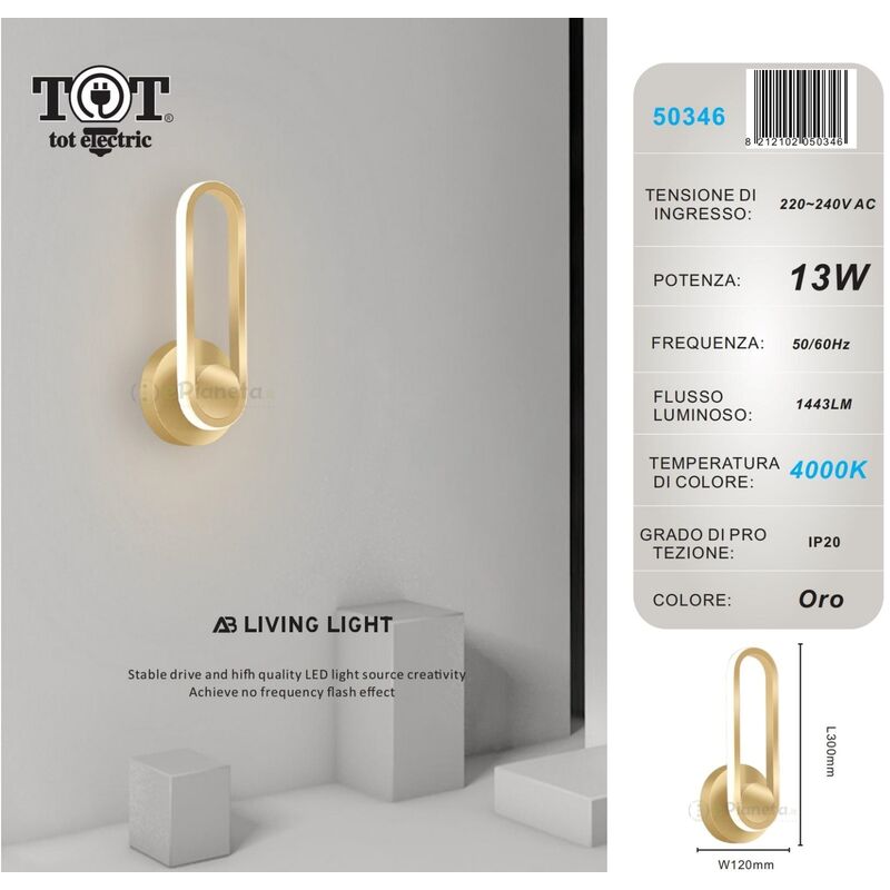 Image of Tot Electric - Applique da parete led 13w ovale verticale orientabile bianco oro moderno lampada luce fredda naturale Oro - Luce naturale