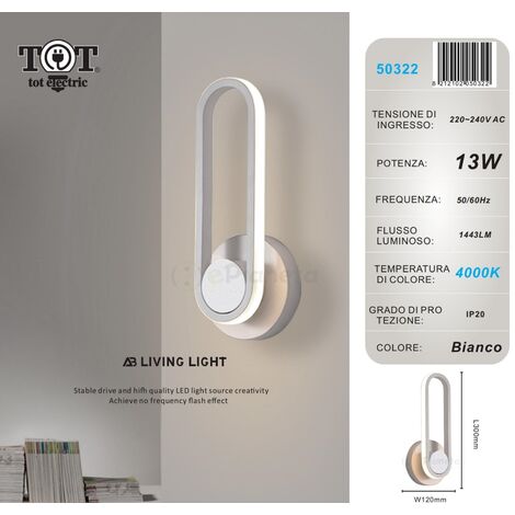 Applique da parete led 13w ovale verticale orientabile bianco oro moderno lampada luce fredda naturale  Bianco - Luce naturale