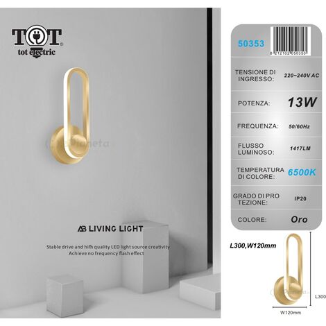 Applique da parete led 13w ovale verticale orientabile bianco oro moderno lampada luce fredda naturale  Oro - Luce fredda