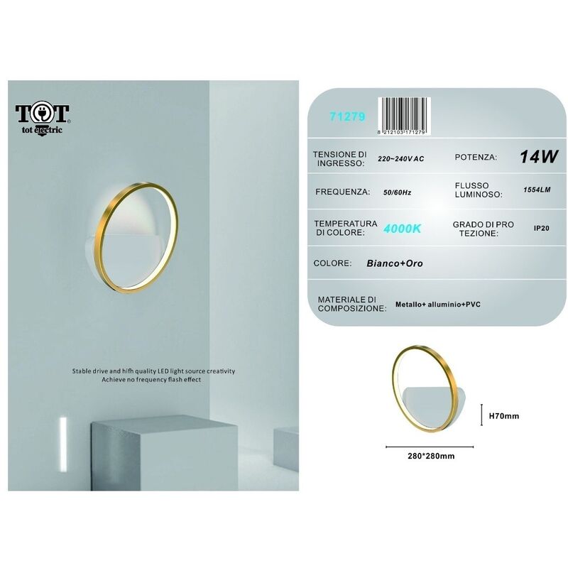 Image of Tot Electric - Applique da parete led 14w cerchio oro lampada tonda design moderno luce per camera soggiorno bagno Naturale