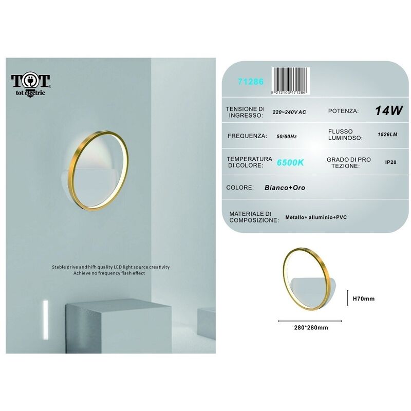 Image of Tot Electric - Applique da parete led 14w cerchio oro lampada tonda design moderno luce per camera soggiorno bagno Bianco freddo