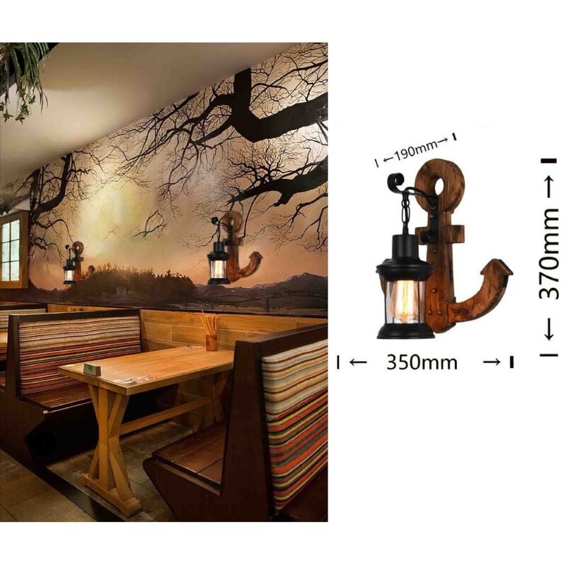 Image of Applique da parete luce led E27 lanterna ancora nero in metallo legno design vintage lampada muro rustico